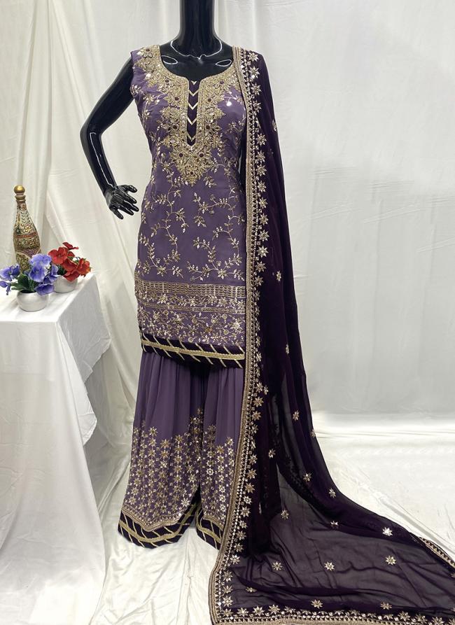 Georgette Purple Wedding Wear Hand Work Readymade Sharara Suit